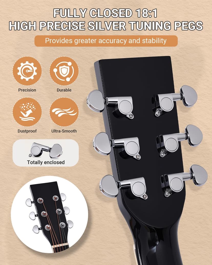 41" Acoustic Guitar for Beginners Adult Full Size Cutaway Guitarra Acustica Bundle with Gig Bag, Tuner, Strap, Strings, Picks,Capo, Black