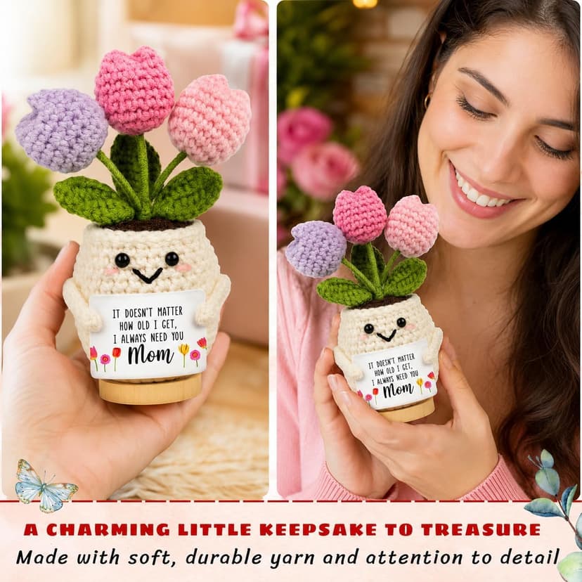 Handmade Positive Tulip Flower Crochet Teacher Appreciation Gifts-Delicate Crochet Flowers Doll, Inspirational Gift Knitted Potted Flowers Desk Decor, Thank You for Women, End of Year Teacher Gifts B0H2WDH3M5
