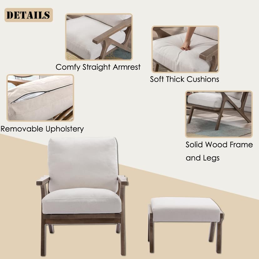 chairus Mid-Century Modern White Linen Accent Chair with Ottoman, Comfy Upholstered Lounge Armchair with Removable Cushions & Solid Wood Frame, Fabric Reading Chair for Living Room Bedroom Office