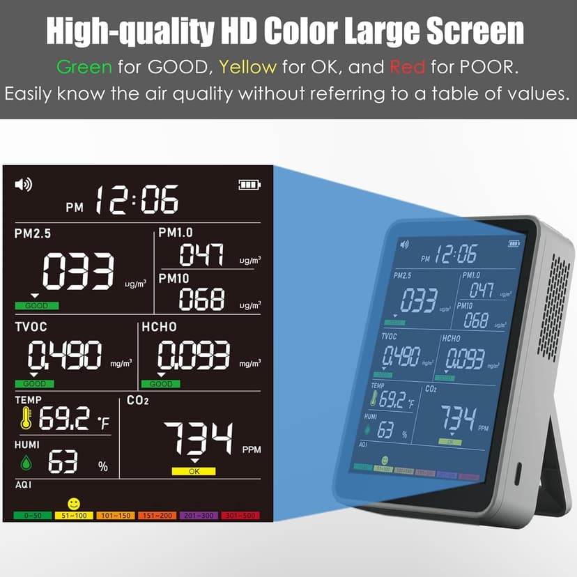 Professional Indoor Air Quality Monitor with AQI Alerts, Portable Real-Time Detector for Home, Car, Plants & Pet (Smog Gray)