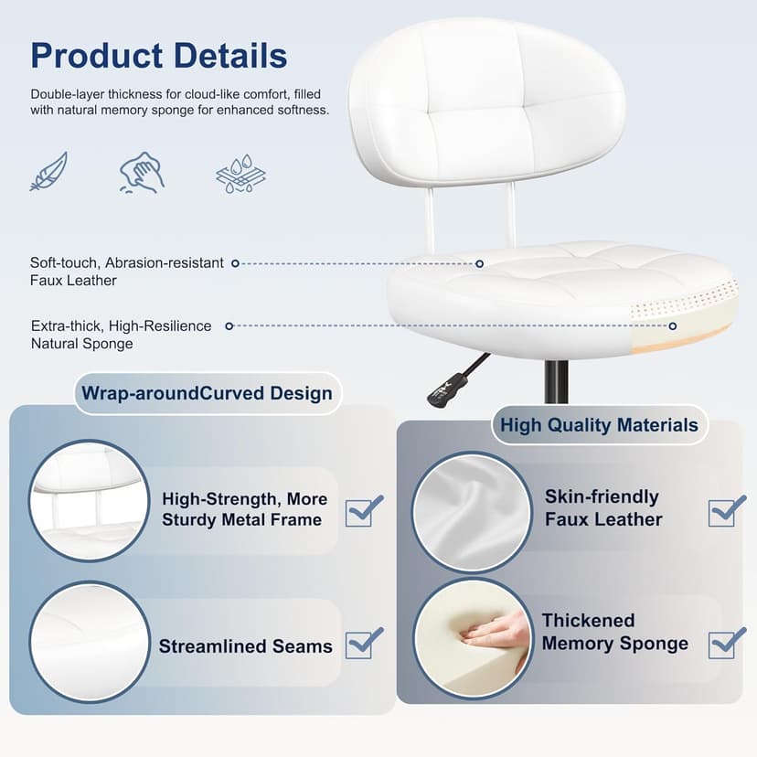 Misolant Vanity Chair with Back, Small Armless Cute office Chair with wheels and Lumbar support, Comfy PU Leather Desk Computer Chairs with Adjustable Height, 360°Swivel for Home Bedroom Office, White