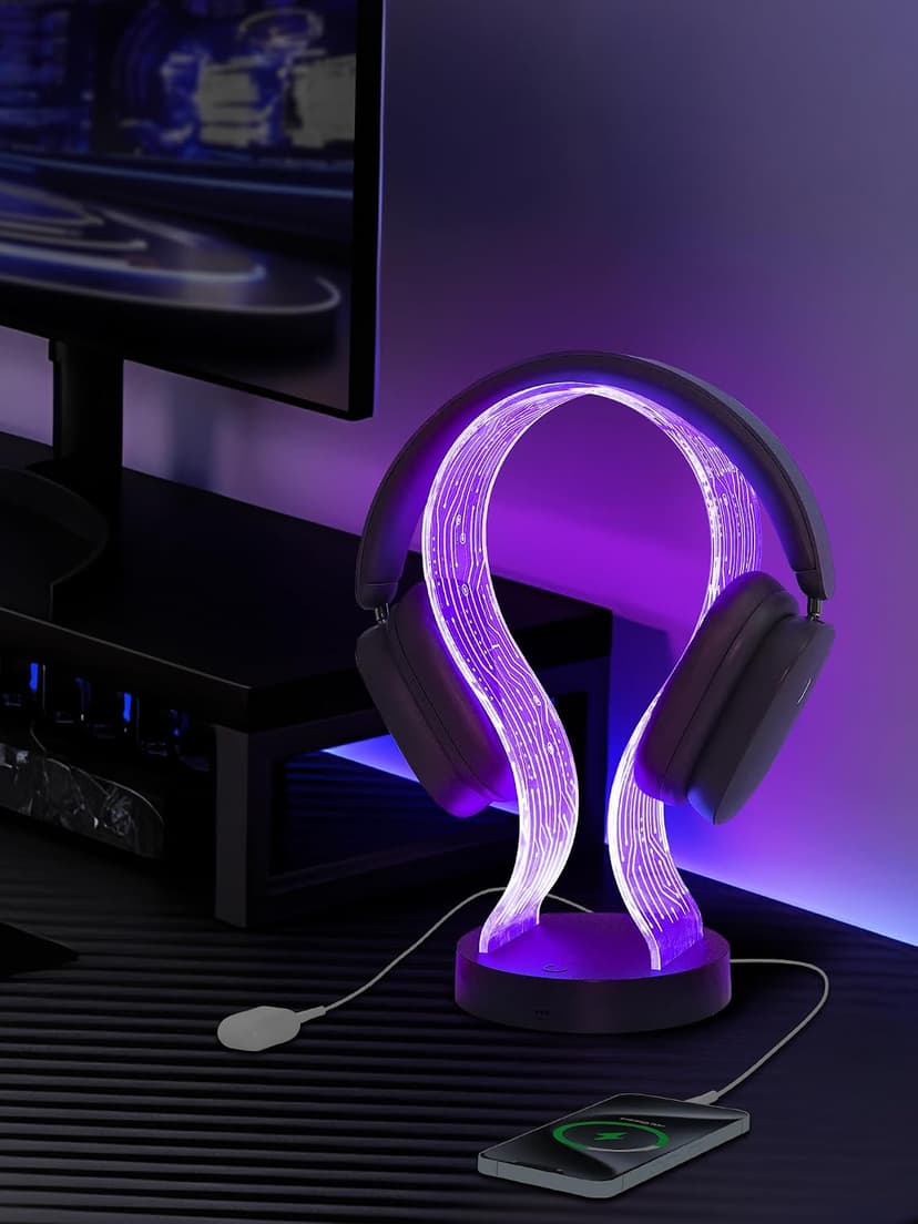 PCB Pattern Acrylic Headset Stand with 1 USB and 1 Type-C Charging Ports, Gifts for Men Boy Father Dad and DJ Music Lovers CoolGift Mart Light Up Headphone Stand, Gifts for Gamers B0DGKV973D