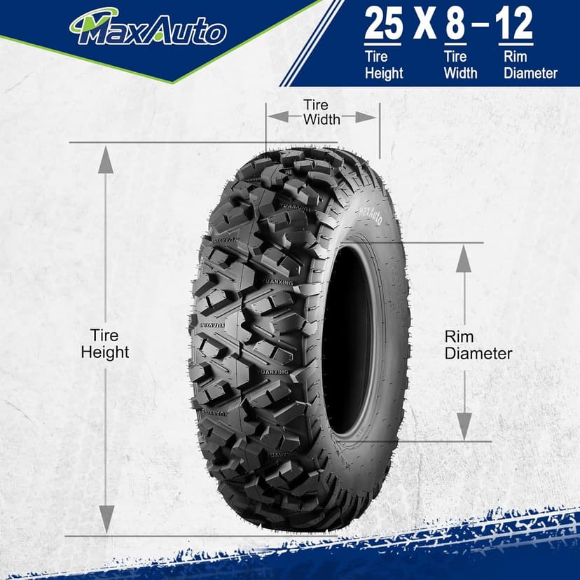 MaxAuto Set of 4 AT25x8-12 & AT25x10-12 ATV UTV Mud Sand Tires,25x8x12 Front & 25x10x12 Rear All-Terrain Off-Road Tires,6 PR, Tubeless,4 Pack in 2 Packages