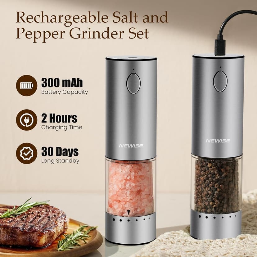 Salt and Pepper Shakers with Adjustable Coarseness, LED Lights, Large Capacity, Kitchen Appliances Gifts for Women Newise Electric Salt and Pepper Grinder Set, Rechargeable, Stainless Steel B0CZCNDWYB