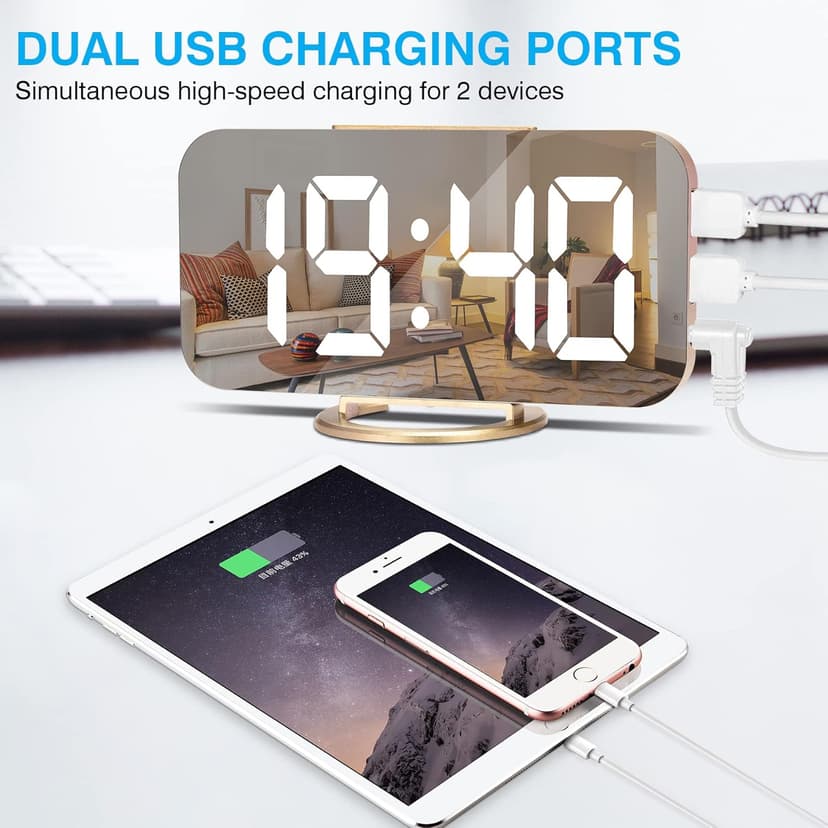 Sukeen Digital Alarm Clock,6" Large LED Display with Dual USB Charger Ports | Auto Dimmer Mode | Easy Snooze Function, Modern Mirror Desk Wall Clock for Bedroom Home Office for All People (Gold)