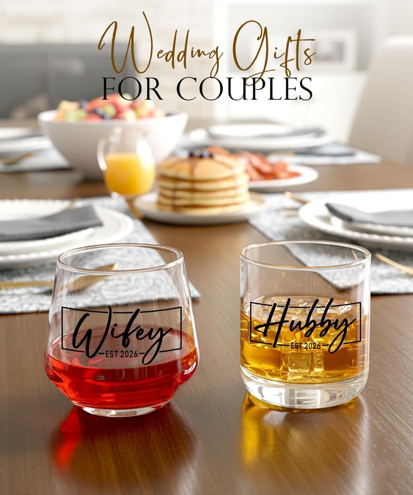 Christmas Gifts for Couples 2025,Wedding Gift, Wifey and Hubby Glasses Set,Bridal Shower Gifts for Bride and Groom, Newly-Married Anniversary for Him and Her，Mr and Mrs Gift，His and Hers Glass