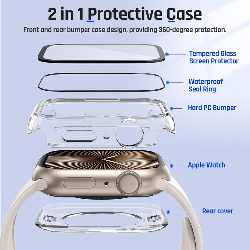 Goton 2 in 1 Waterproof Case Compatible for Apple Watch Series 11/10 Screen Protector 46mm, 360 Protective Glass Face Cover Hard PC Bumper + Back Frame for iWatch Accessories 46 mm
