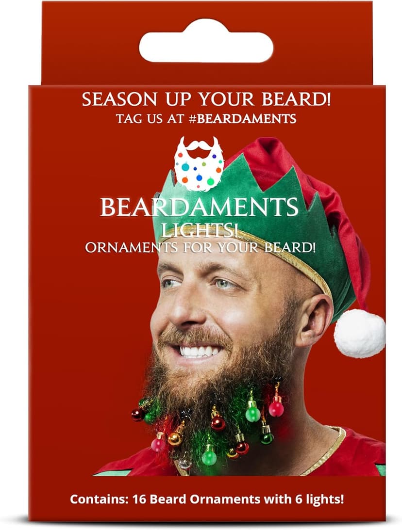 Beard Lights - Light-Up Beard Ornaments for Men - Colorful Christmas Beard Baubles with Easy Clip Attachment - Funny Christmas Ornaments - 16pc