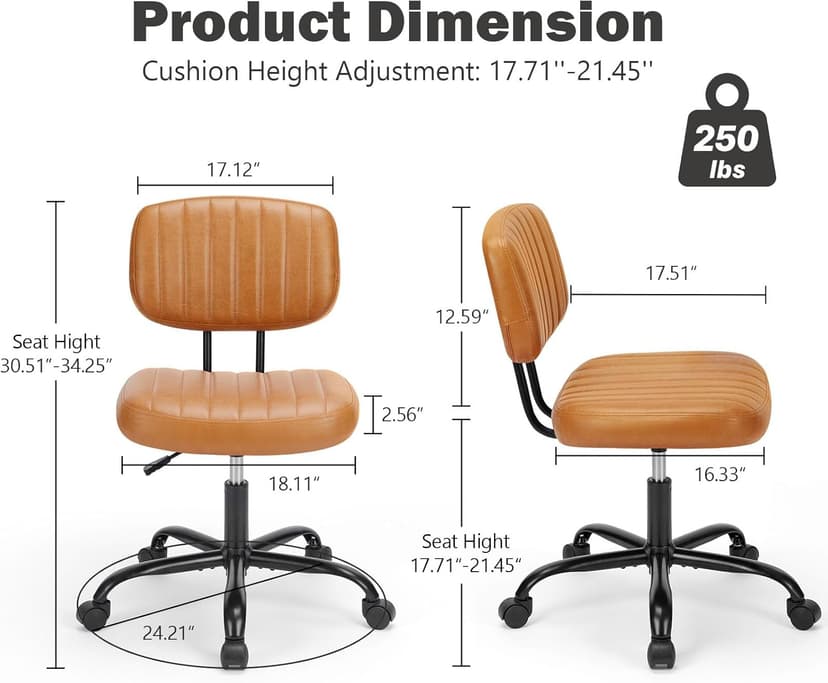 DUMOS Armless Home Office Executive Chair - Small Desk Chair with Low Back Lumbar Support, Height Adjustable PU Leather Computer Task Chair with 360° Swivel Wheels, for Adults, Brown