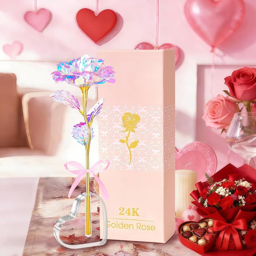 Beferr Gifts for Women Mom Galaxy Rose Glass Crystal Flowers with Heart-Shaped Base Eternal Roses Forever Flowers Mother's Birthday Gifts for Grandma Daughters Wife Sister Kids