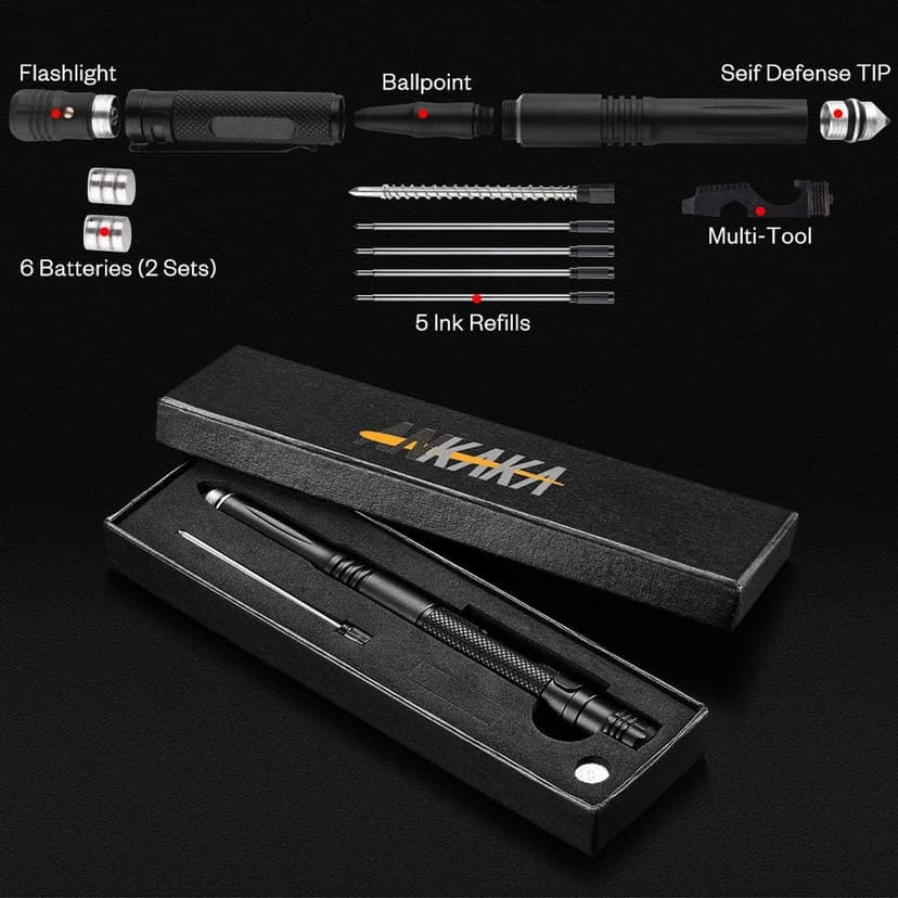 The Most Loaded 6-in-1 Tactical Pen: Solves Other Brands' Weaknesses,Self Defense Tip + Flashlight + Ballpoint + Bottle Opener + Screw Driver + Hexagonal Wrench, 5 Ink Refills + 6 Batteries + Gift Box B07RDGN4HD