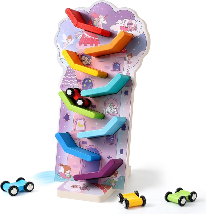 Montessori Toys for 2 Year Old Girls and Boys; Wooden Car Ramp for Cause-and-Effect and Hand-Eye Coordination; Birthday Gift Unicorn Car Ramp Toys for Toddlers 1-3, Wooden Race Track with 4 Mini Cars B0H7HBYL82