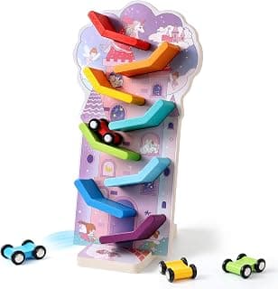 Montessori Toys for 2 Year Old Girls and Boys; Wooden Car Ramp for Cause-and-Effect and Hand-Eye Coordination; Birthday Gift Unicorn Car Ramp Toys for Toddlers 1-3, Wooden Race Track with 4 Mini Cars B0H7HBYL82