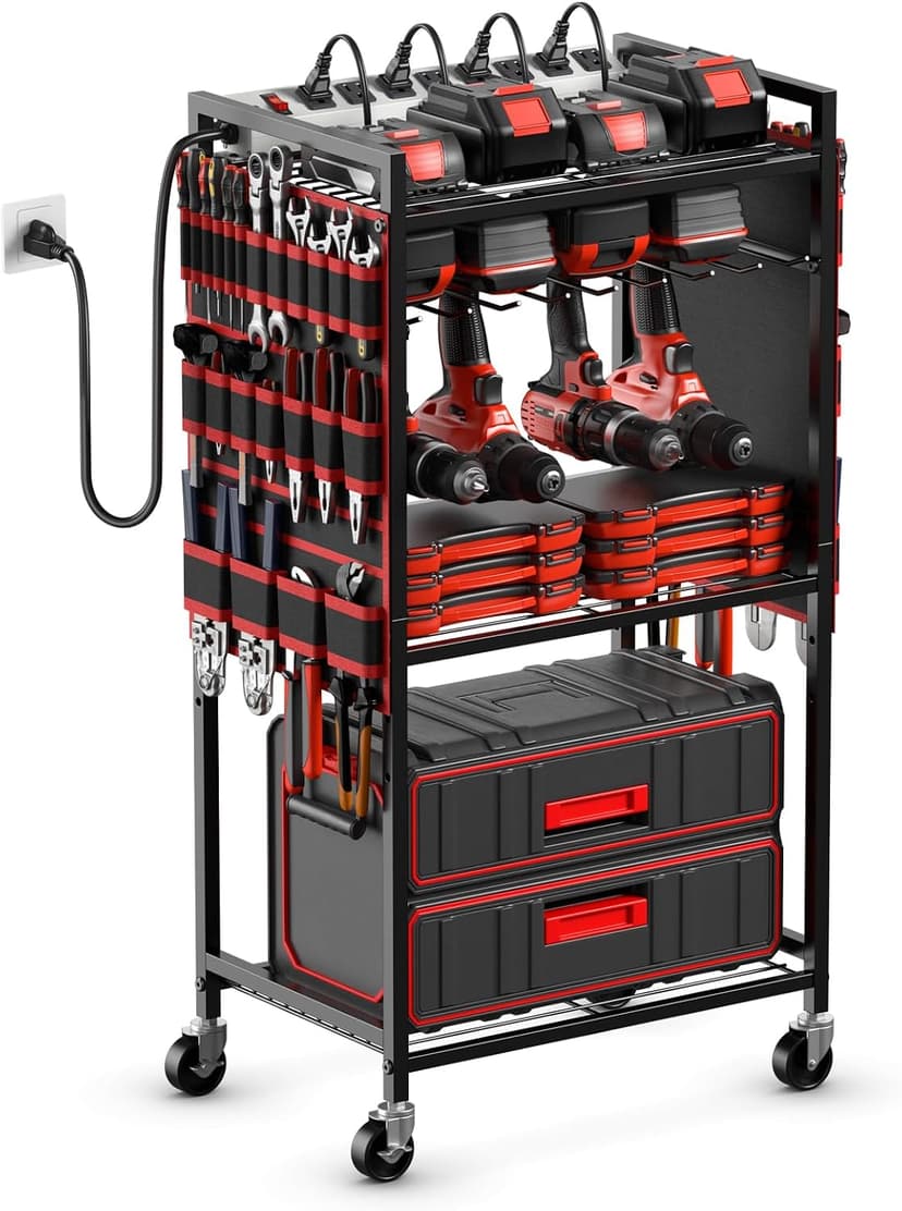 Floor Standing, Large Garage Rolling Storage Cart on Wheels, Heavy Duty Drill Battery Storage Rack, with 8 Outlet Power Strip JUNNUJ Power Tool Organizer Cart with Charging Station, 6 FT Cord, Red B0D1QVKWGH
