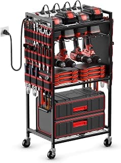 Floor Standing, Large Garage Rolling Storage Cart on Wheels, Heavy Duty Drill Battery Storage Rack, with 8 Outlet Power Strip JUNNUJ Power Tool Organizer Cart with Charging Station, 6 FT Cord, Red B0D1QVKWGH