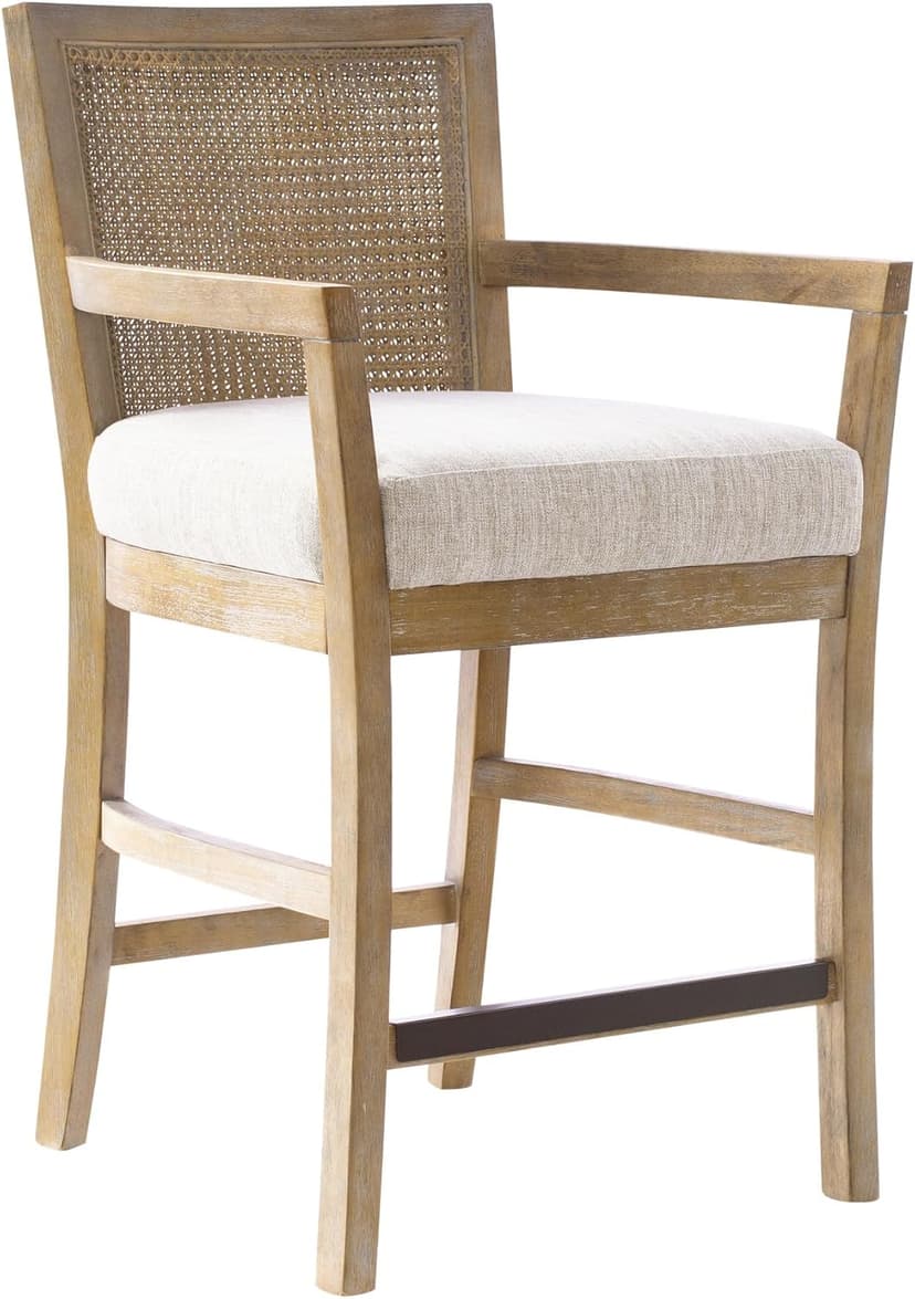 Madison Park Bar Stool with Rattan Back, Wood Counter Height Barstools, Farmhouse Stools with Open Arm Design, Mid-Century Modern Upholstered Bar Chair for Kitchen Island, 18.5" D x 18.5" W x 25.5" H