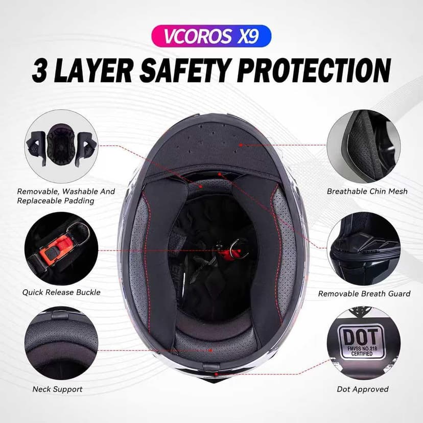 VCOROS Full Face Dual Visor Motorcycle Helmet for Adults Motorbike Street Bike Racing Helmets X9 DOT Approved with Black Visor