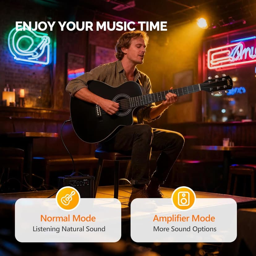 GLARRY 36in Acoustic Electric Guitar Beginner Kit with 15W Amp, 5-band EQ Dreadnought Design 6 Strings Electric Acoustic Guitar with Bag, Strap, Picks, Strings, Wrench (Black)