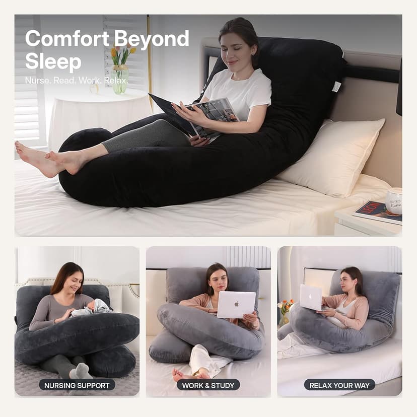 Pregnancy Pillow, Full Body 57 Inch Maternity Pillow with Removable Washable Cover - Sleep Support for Legs, Back, Neck, Shoulder, HIPS, Belly for Pregnent Women, Black Grey Velvet Cover