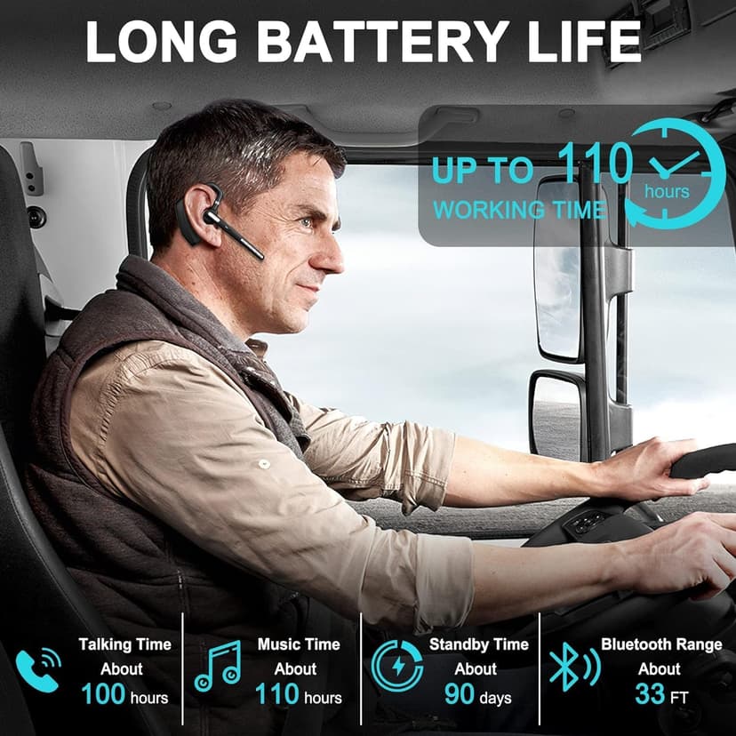 Kelazola Bluetooth Headset V5.1,Wireless Bluetooth Earpiece with CVC8.0 Dual Mic Noise Cancelling,500mAh Battery for 110H Work Time,Handsfree Earphones for Cell Phones/PC for Business Office/Driving