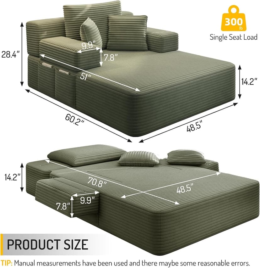 HRVEOCEI 60 Inch Oversized Chaise Lounge Chair Indoor, Corduroy Boneless Chaise with Armrests & Backrest /2 Pockets /3 Pillows, Lounge Sofa Bed for Adults Living Room (Green)