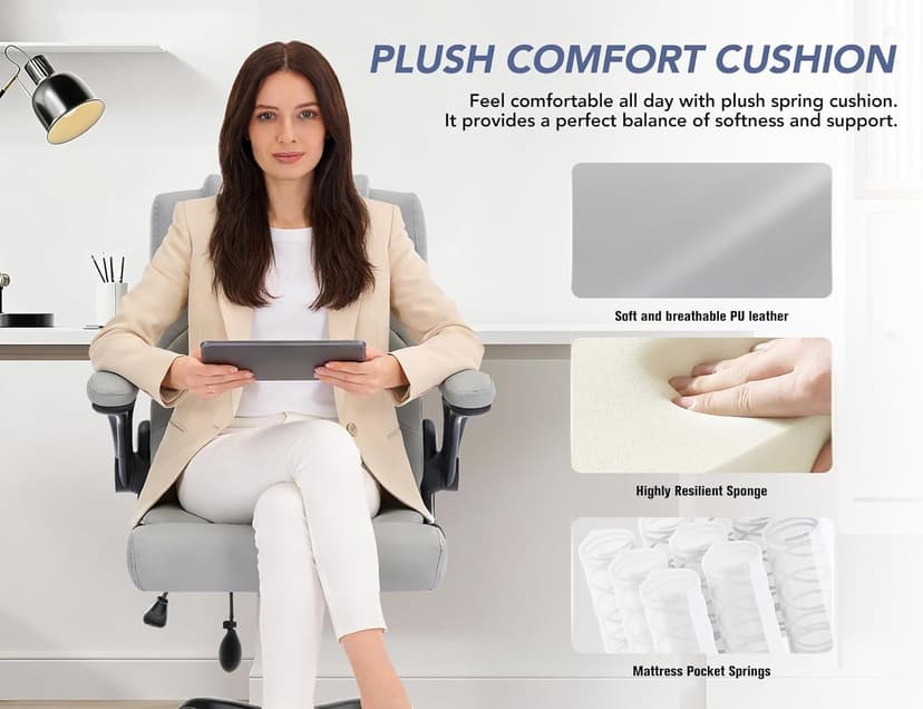 Office Chair with Adjustable Inflatable Lumbar Support,Leather Ergonomic Computer Desk Chair with Flip-up Arms,Adjustable Tilt Lock,Swivel Rolling Executive PC Chair for Work,Study,Meeting.Grey