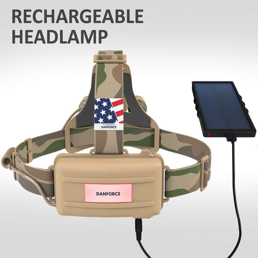 DanForce Camouflaged Headlamp Ultra Bright USB Rechargeable Head lamp. Tactical Head Flashlight Designed Especially for Hunting & Fishing. LED Headlamps LUMINUS 1080 Lumens Headlight with Red Light