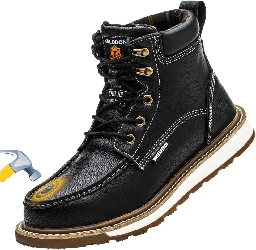 KELODON Waterproof Steel Toe Boots For Men-6" Leather Moc Toe Winter Warm Work Boots Mens Steel Toe Shoes Indestructible Non Slip Resistant Construction Safety Boot