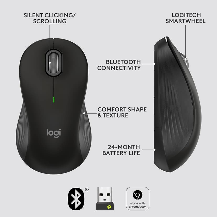 Logitech Signature M550 L Full Size Wireless Mouse - for Large Sized Hands, 2-Year Battery, Silent Clicks, Bluetooth, Multi-Device Compatibility - Black