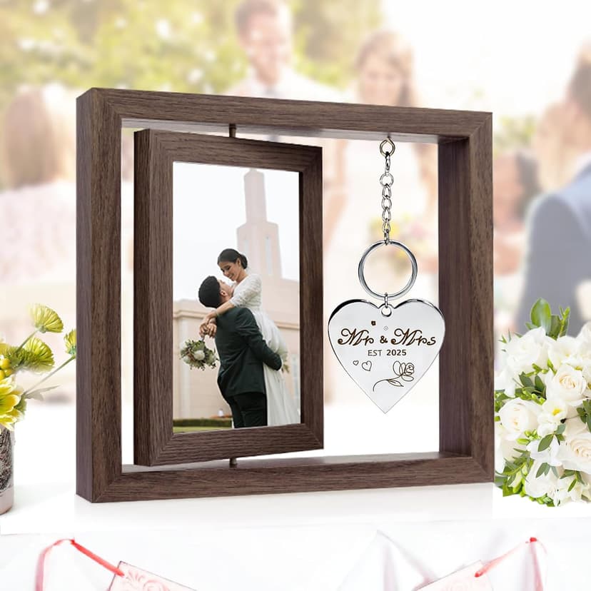 Wedding Gifts for Couples 2025,Rotating Floating Mr and Mrs Picture Frame,4x6 Rustic Picture Frame Engagement Gifts for Couples,Bridal Shower Gift for Bride to Be