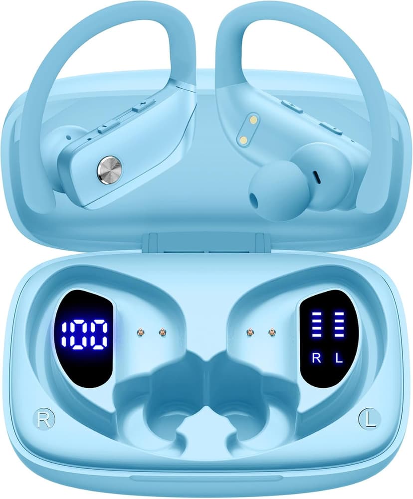 bmani Ear Buds Wireless Earbuds Bluetooth Headphones with 80H Playtime LED Display Case, Over-Ear Hook with Mic, Stereo Sound, Easy Button Controls, Sports Earphones for Running Workout Sky Blue