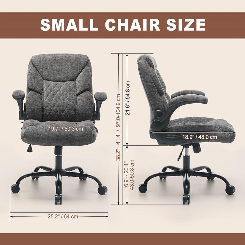 Cloth Office Chair Mid Back Ergonomic Computer Chair Comfortable Fabric Padded Home Office Desk Chairs with Flip-up Arm Rest Adjustable Height Swivel Wheels for Short People Use | Grey