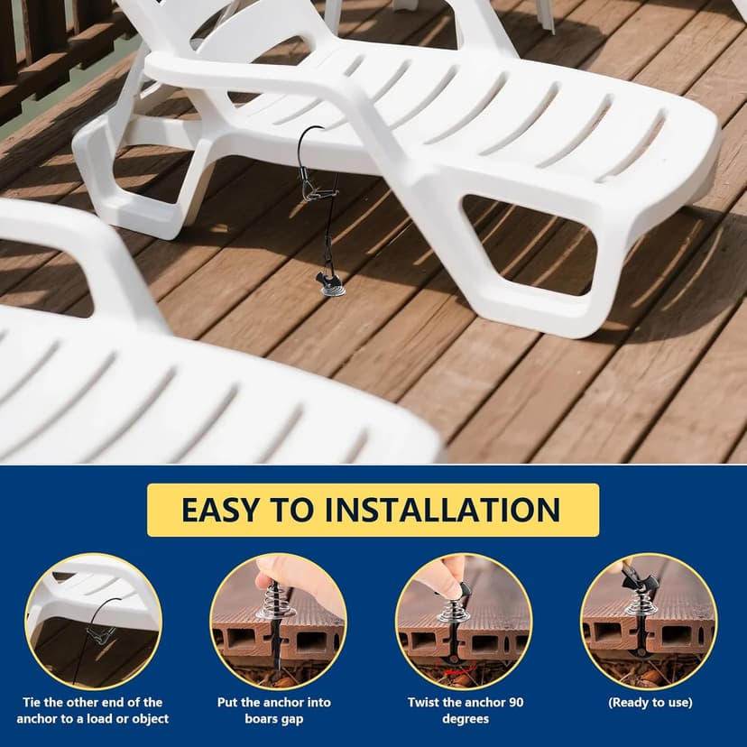 Deck or Dock Anchors for Gap Between Boards - Outdoor Furniture Deck Anchor Marine Grade Stainless Steel Fishbone Deck Anchor Pegs with Carabiners Easily Reposition Chair, Table, Grill and Kayaks