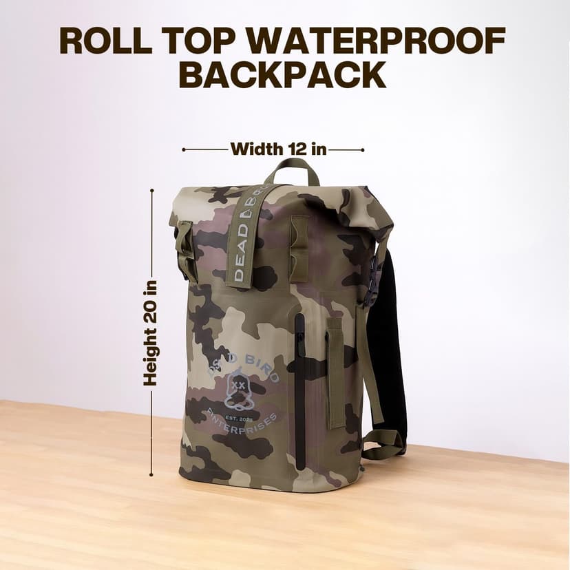 Dead Bird Enterprises Roll Top Waterproof Backpack, 25L Camouflage Pattern Dry Bag with MOLLE Loops and Adjustable Straps, WaterTight Duck Hunting Backpack for Camping, Hiking and Outdoor Travel