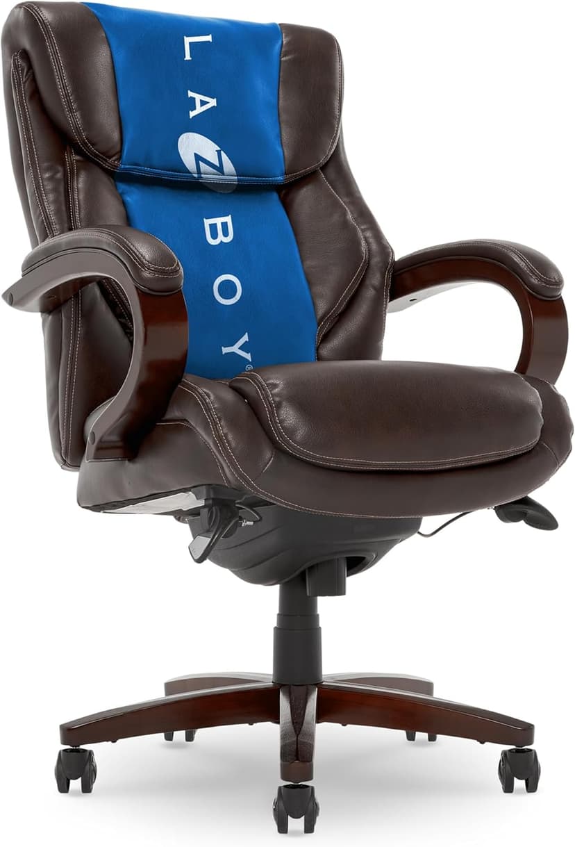 La-Z-Boy® Bellamy Executive Office Chair with Memory Foam Cushions, Real Wood Arms and Swivel Base, Waterfall Seat Edge, Faux Bonded Leather, Brown