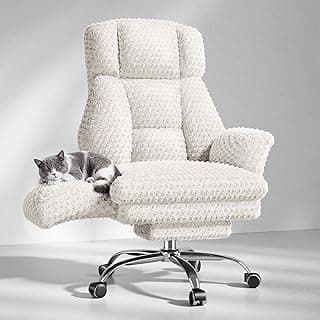HOMRELEXA Big and Tall Office Chair, Flip Armrests for Pets & Cross Legged Sitting, Executive Ergonomic Computer Gaming Chair with Foot Rest, White Rose Velvet Wide Seat Reclining Desk Chair