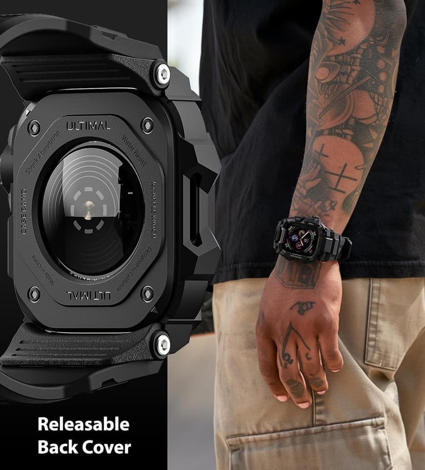 ULTIMAL Rugged Case with Band for Apple Watch 44mm,Compatible with Apple Watch Series SE 3/SE 2/SE Generation/6/5/4, Military Grade Shockproof Bumper Cover for iWatch Tactical Band Men (Black, 44mm)