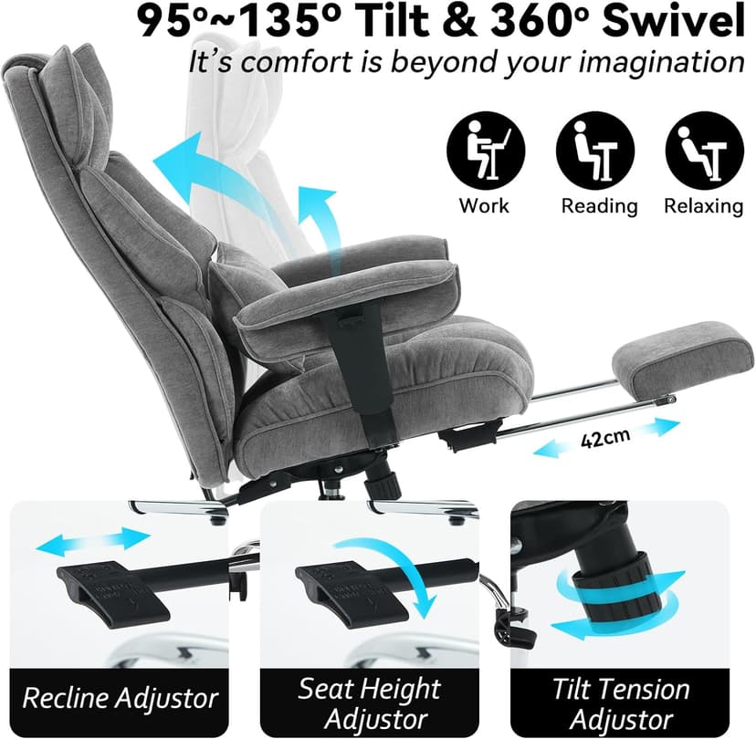 Efomao Executive Office Chair, Soft-Cushioned Computer Chair with Foot Rest, Fabric Home Office Desk Chairs, Big and Tall Office Chairs, Grey