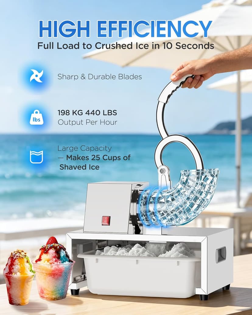 Commercial Snow Cone Machine, 440LB/H Professional shaved ice machine, 350W Electric Ice Crusher, Silver Stainless Steel, Fluffy Shave Ice Machines for Home, Parties, Dessert Shops & Bars