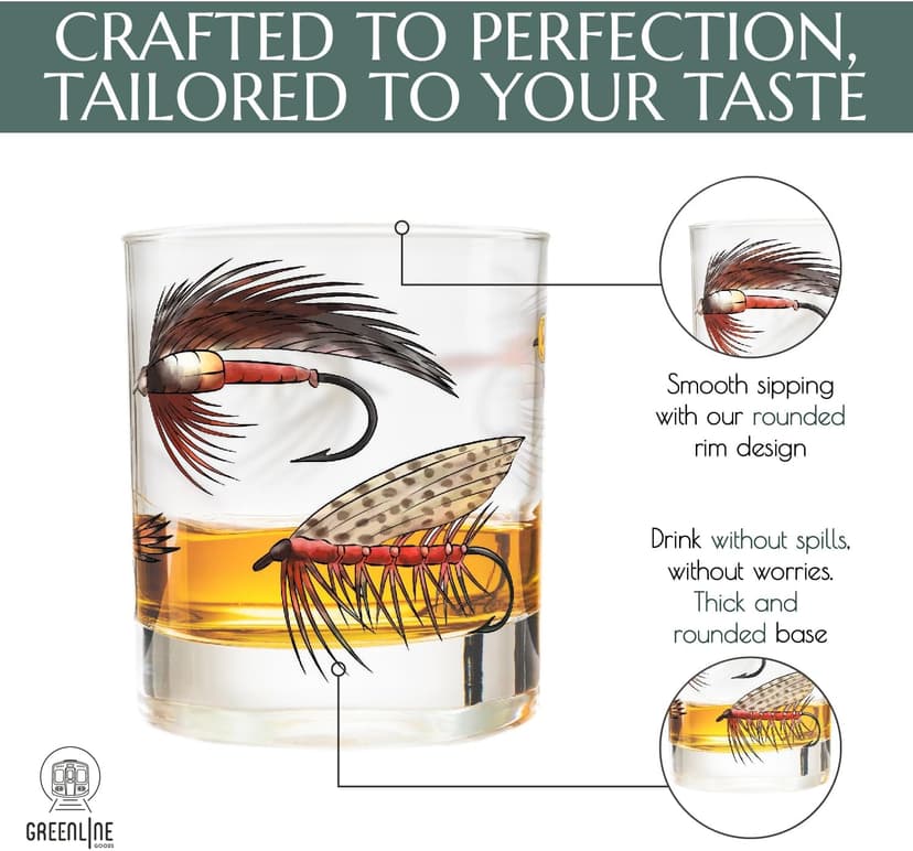 Greenline Goods – Fly Fishing Glass Set for Fisherman and Outdoorsman – Fly Lures Themed 10 oz Whiskey Drinking Glass Set of 2