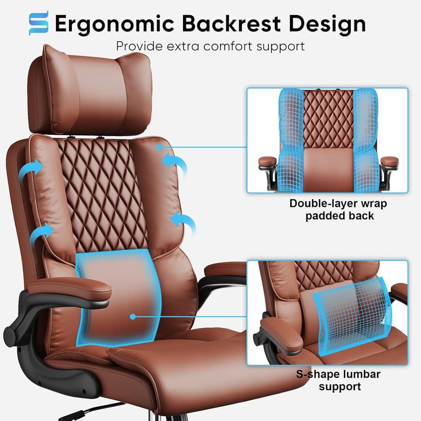 Sytas Executive Office Ergonomic Chair with Adjustable Headrest, PU Leather Desk Chair, High-Back Swivel Task Chair for Home Office, 135° Reclining, Brown