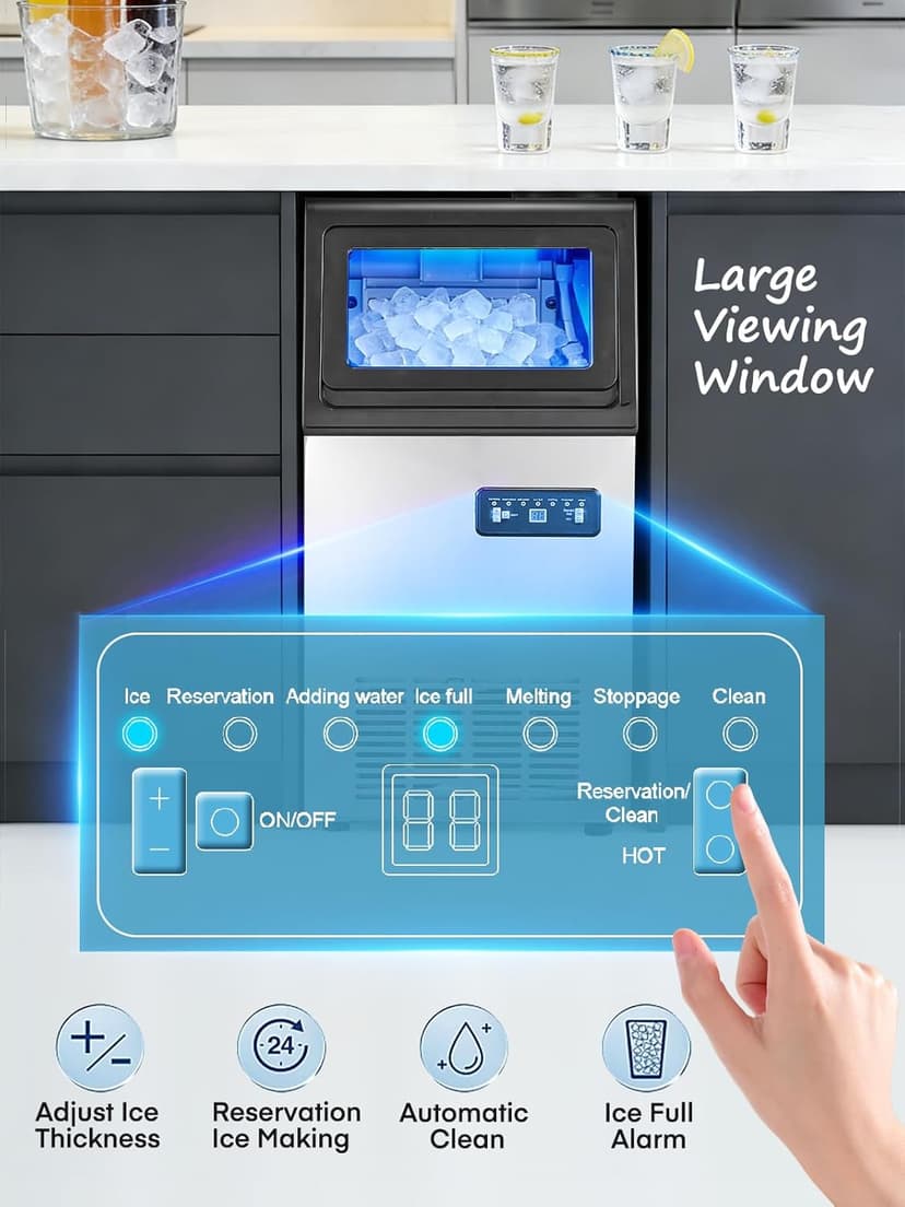 Commercial Ice Maker Machine, 100LBS/24H Freestanding & Undercounter Ice Machine with 2 Water Inlets, 40 PCS/Cycle and 24LBS Storage Bin, Stainless Steel, LED Display & Self-Cleaning for Home Bar