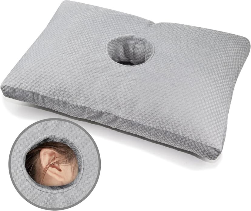 Ear Piercing Pillow for Side Sleepers with a Big Hole, Adjustable Height Ear Pillows for Ear Pain CNH, Pain Relief Sleeping, Skin-Friendly & Washable Pillowcase (20 x 13 x 4.5 inches - Gray)