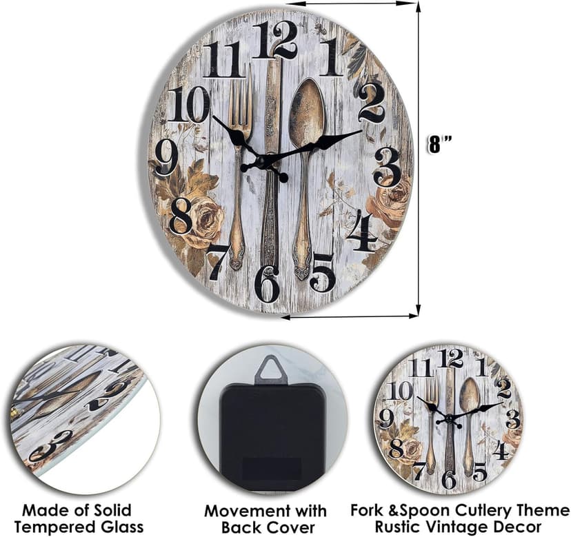 Keepcross Kitchen Wall Clock Fork & Spoon Cutlery Theme Rustic Modern Farmhouse Decor Glass Clock for Kitchen, Dining Room - 8 Inch, Battery Operated