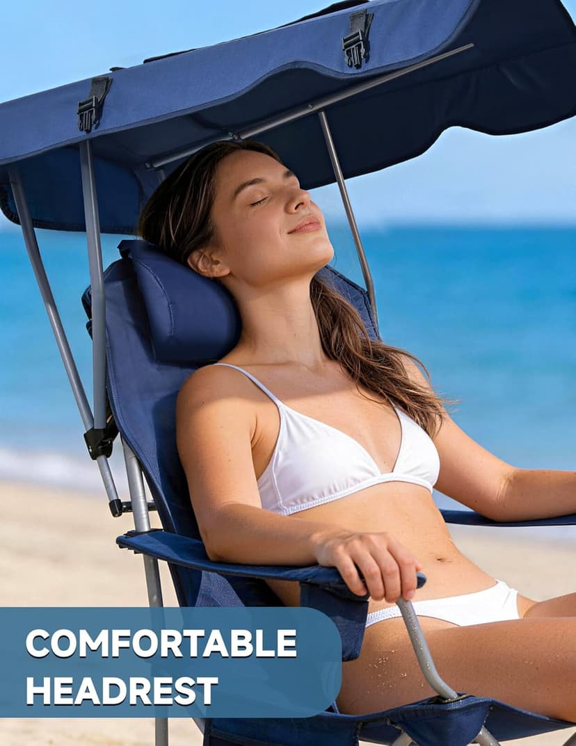 East Oak Camping Chair with Canopy | 25" High Back Folding Beach Chair with Canopy Shade, Supportive Headrest, Cup Holder, Side Pocket, 330 lbs Heavy Duty Canopy Chair for Outdoors