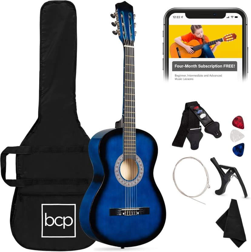 Best Choice Products 38in Beginner All Wood Acoustic Guitar Starter Kit w/Gig Bag, 6 Picks, Nylon Strings, Strap w/Pick Holder - Blue