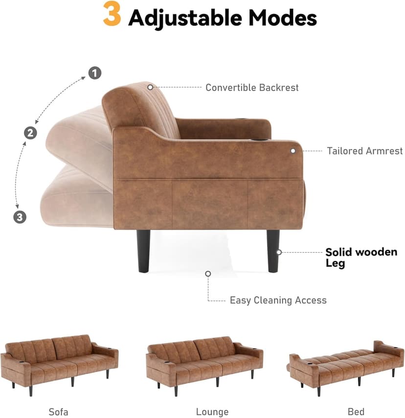 Brelice 80'' Leather Couch, Futon Sofa Bed, Faux Leather Couch with Adjustable Backrest, 2 Cup Holders & Side Pockets, Mid Century Modern Sofa for Living Room, Bedroom, Brown