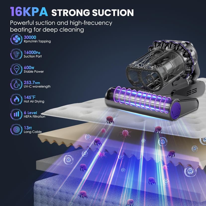 Mattress Vacuum, Bed Vacuum Cleaner with 16Kpa Suction 253.7nm UV-C Light, 145°F Heat & 30000 RPM/Min Tapping, HEPA Filter & Ultrasonic, 600W Powerful Vacuums for Bed, Sofa, Couch(Corded)