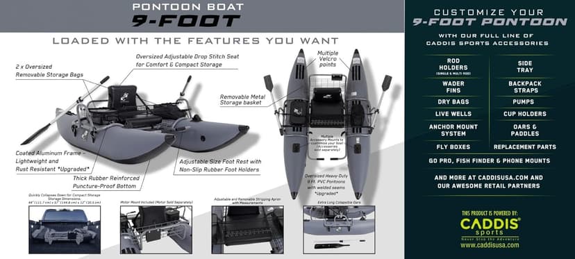 CADDIS Full Frame Pontoon Fishing Boat Made with Steel/Aluminum for 1 Person – 8/9 Foot Options, Lightweight with Motor Mount, Collapsible Frame and Reinforced Bladderless PVC Pontoons