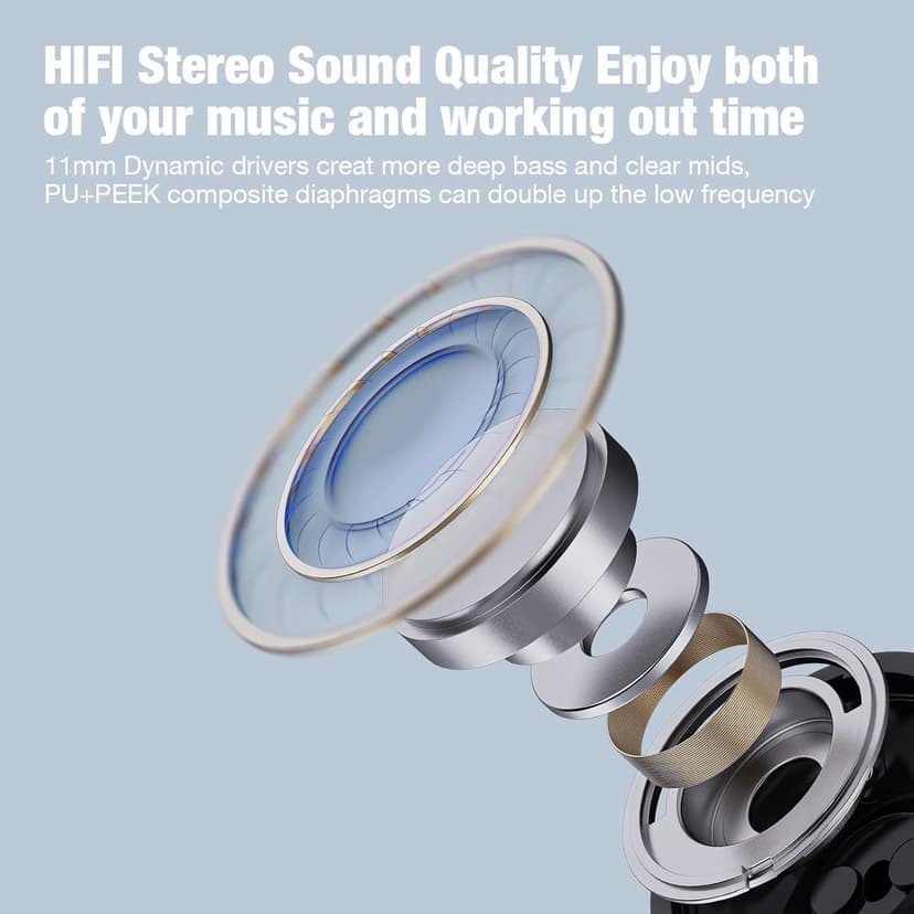 Boean Bluetooth Headphones, Wireless Headphones with 16 Hours Playtime Bluetooth 5.3 Wireless Earbuds HD Deep Bass Stereo Sound Isolation IPX7 Waterproof Earphones for Workout Running Sports